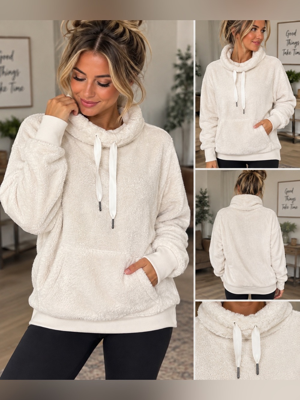 Mondetta Ivory Plush Sherpa Funnel Neck Pullover Hoodie